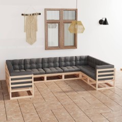 9 pcs conjunto lounge de jardim c/ almofadões pinho maciço