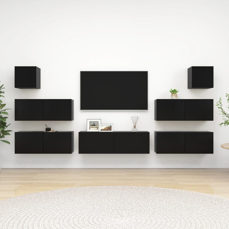 7 pcs conjunto de móveis de TV derivados de madeira preto-Móveis de TV-Home Retail