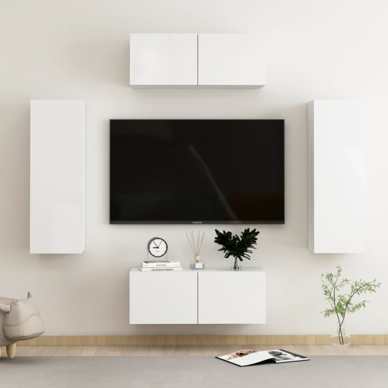 4 pcs conjunto móveis de TV derivados madeira branco brilhante-Móveis de TV-Home Retail