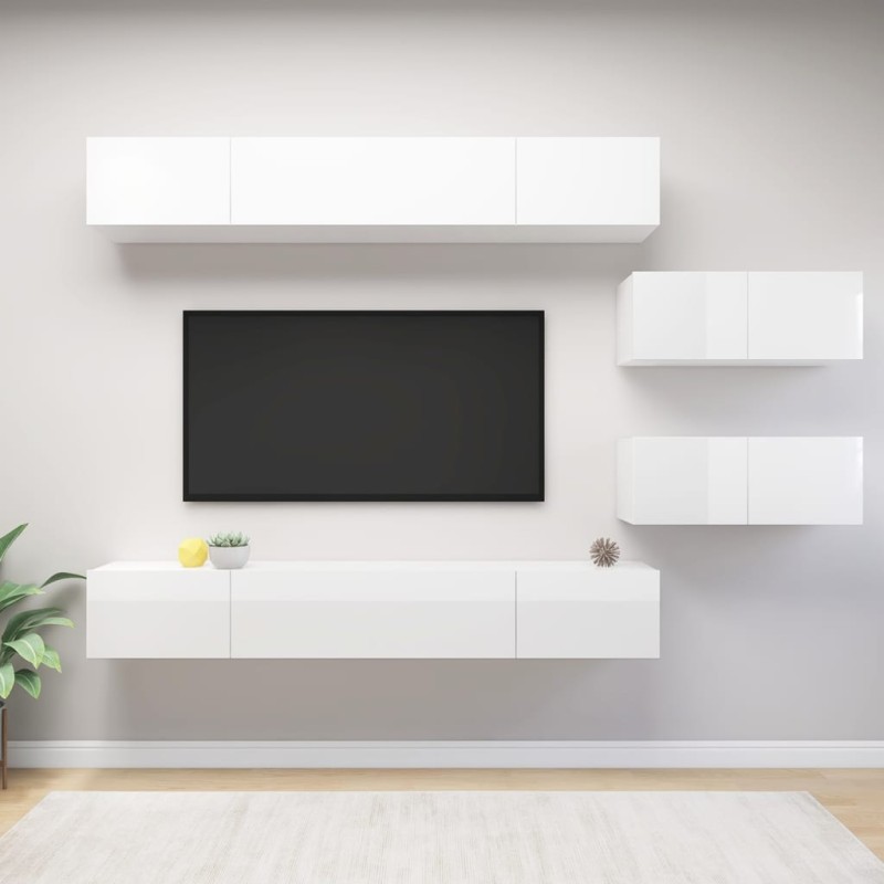 6 pcs conjunto móveis de TV derivados madeira branco brilhante-Móveis de TV-Home Retail