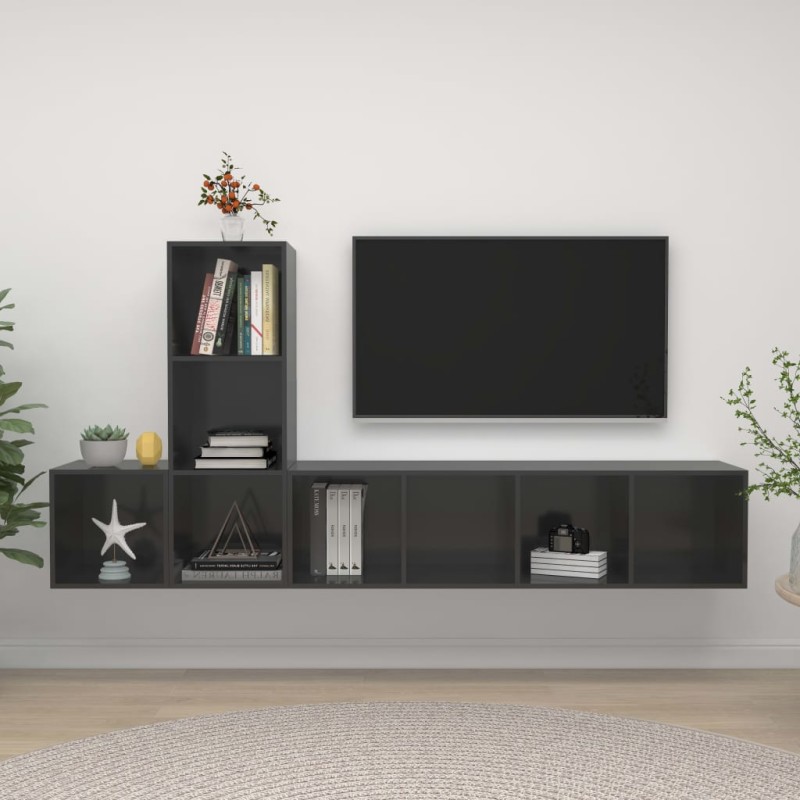 3 pcs conjunto móveis de TV derivados madeira cinza brilhante-Móveis de TV-Home Retail