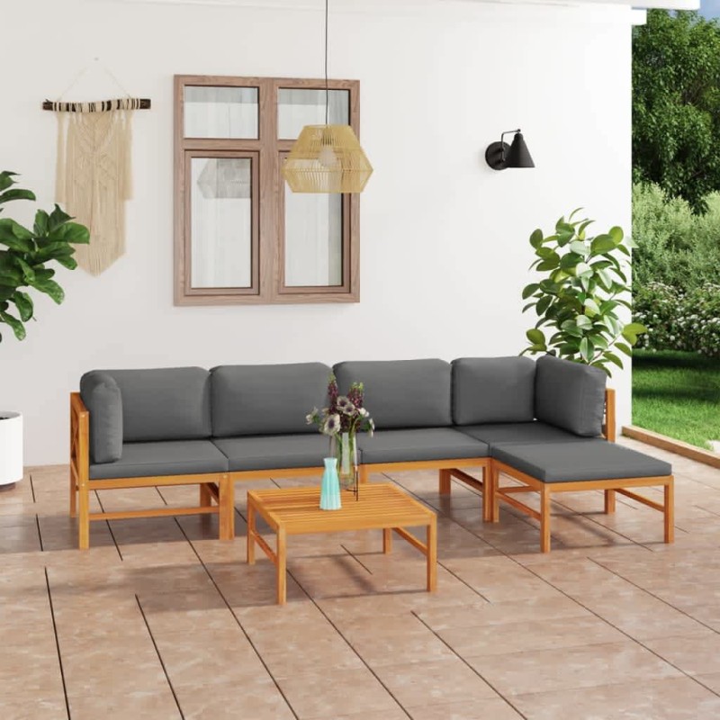 6 pcs conj. lounge de jardim + almofadões cinzentos teca maciça-Conjuntos de jardim-Home Retail