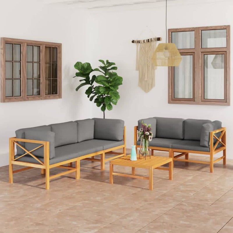 6 pcs conj. lounge de jardim + almofadões cinzentos teca maciça-Conjuntos de jardim-Home Retail