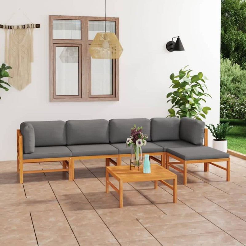 6 pcs conj. lounge jardim c/ almofadões cinzentos teca maciça-Conjuntos de jardim-Home Retail