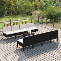 9 pcs conjunto lounge de jardim c/ almofadões vime PE preto