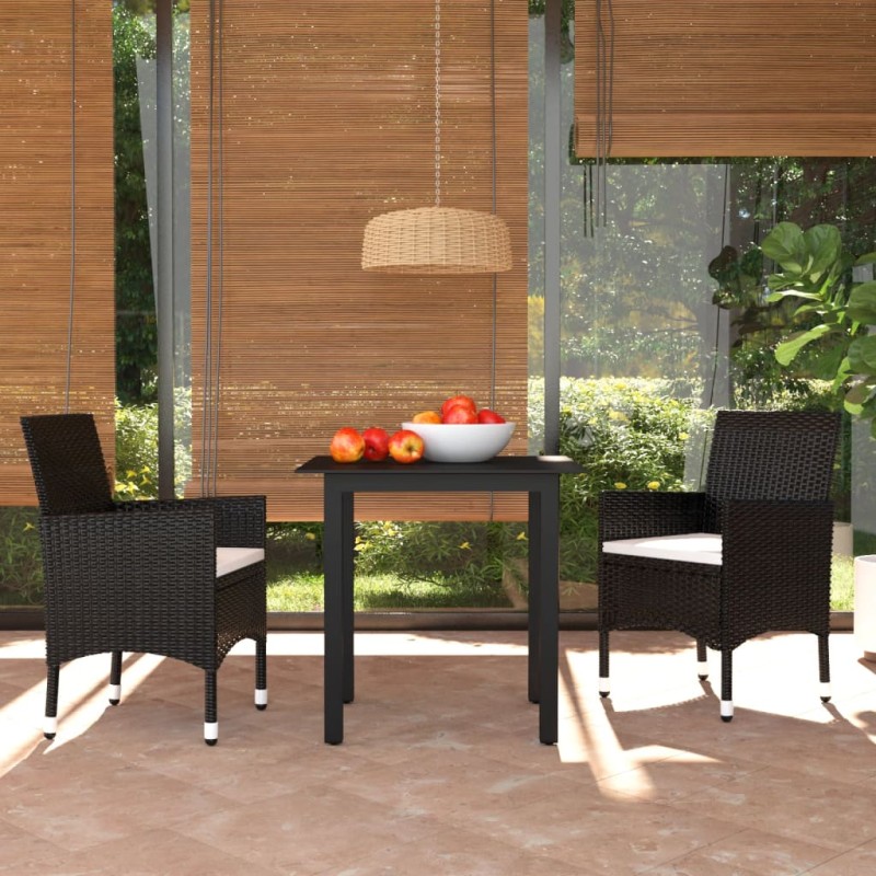 3 pcs conjunto de jantar p/ jardim c/ almofadões vime PE preto-Conjuntos de jardim-Home Retail