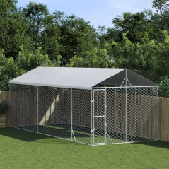 Canil de exterior com teto 3x7,5x2,5 m aço galvanizado prateado