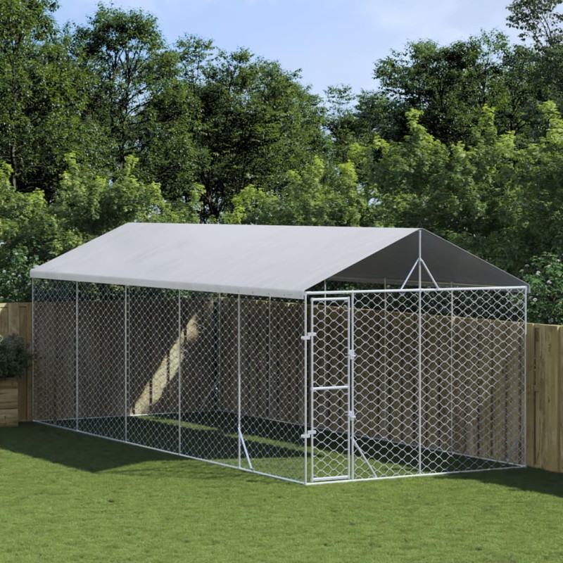 Canil de exterior com teto 3x7,5x2,5 m aço galvanizado prateado-Canis-Home Retail