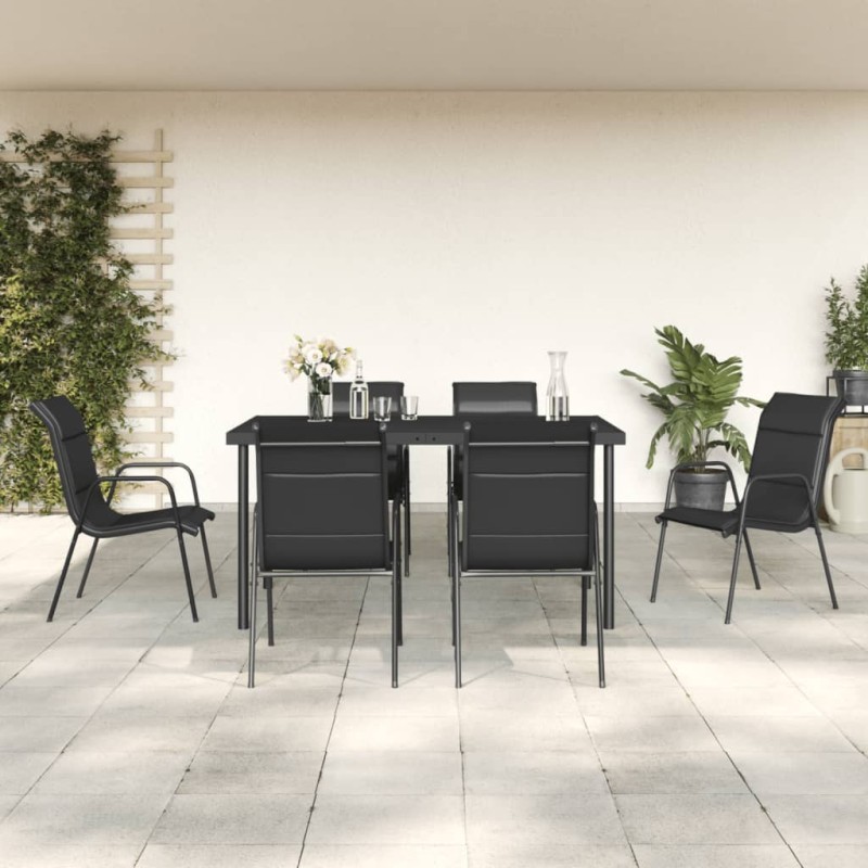 7 pcs conjunto de jantar para jardim aço e textilene preto-Conjuntos de jardim-Home Retail