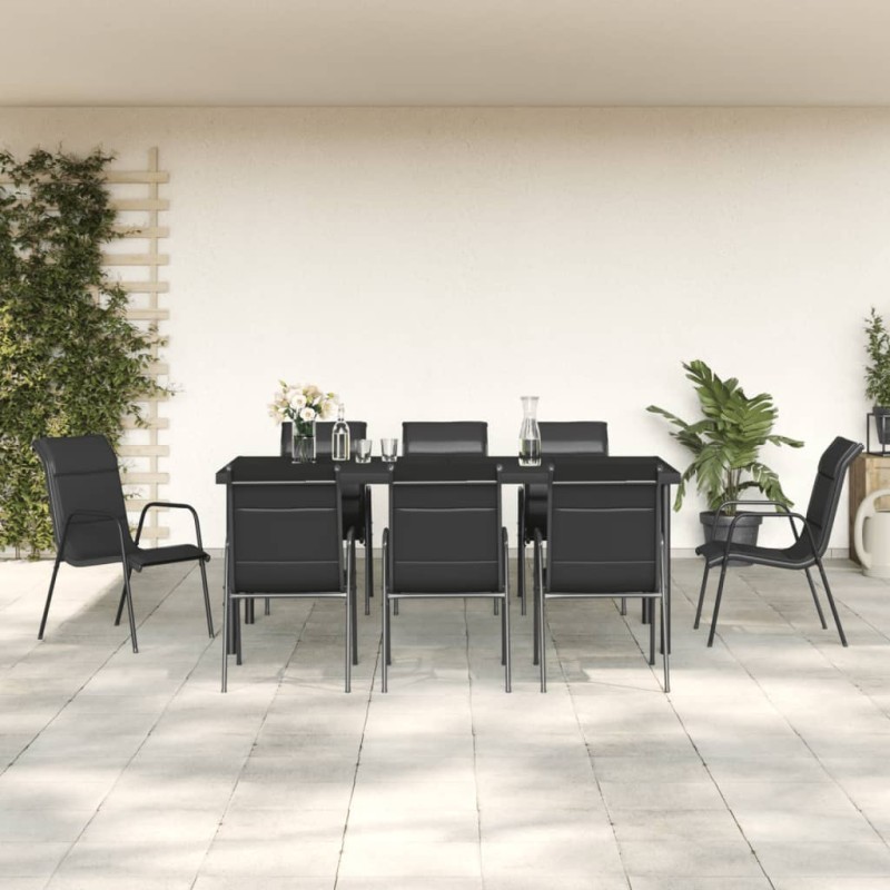 9 pcs conjunto de jantar para jardim aço e textilene preto-Conjuntos de jardim-Home Retail