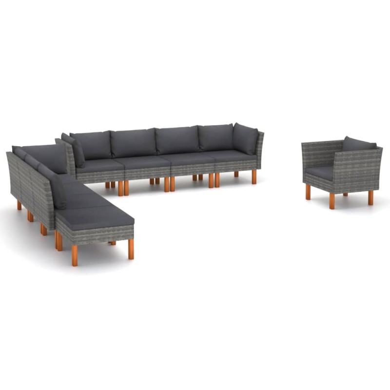 9 pcs conj. lounge jardim vime PE e madeira eucalipto cinzento-Conjuntos de jardim-Home Retail