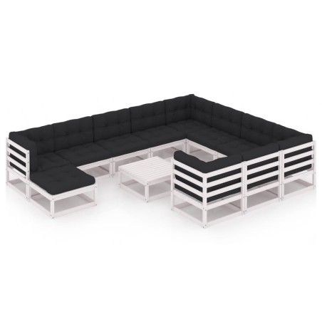 12 pcs conj. lounge de jardim c/ almofadões pinho maciço branco