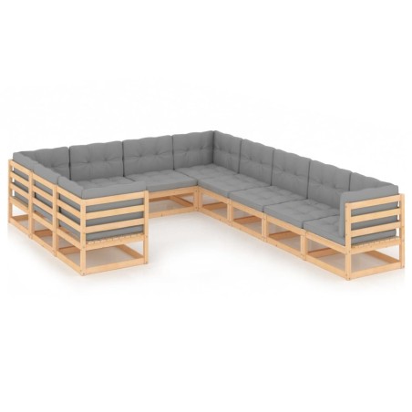 10 pcs conjunto lounge de jardim c/ almofadões pinho maciço