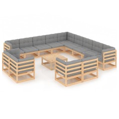 14 pcs conjunto lounge de jardim com almofadões pinho maciço