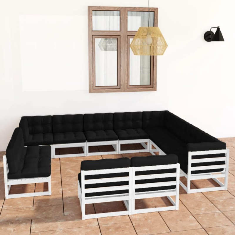 12 pcs conj. lounge de jardim c/ almofadões pinho maciço branco-Conjuntos de jardim-Home Retail