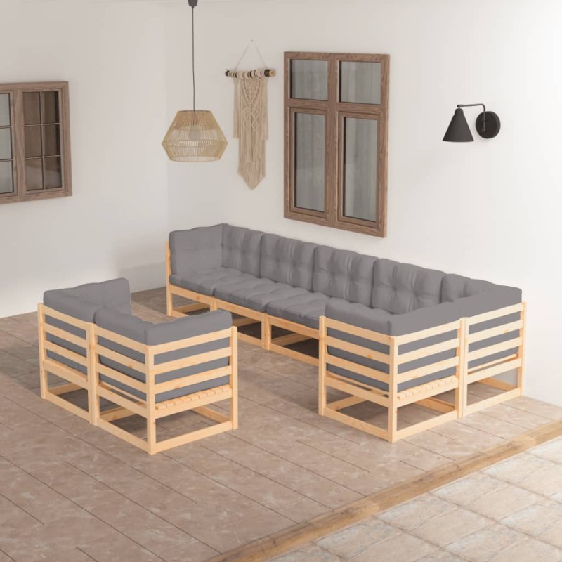 8 pcs conjunto lounge de jardim c/ almofadões pinho maciço-Conjuntos de jardim-Home Retail