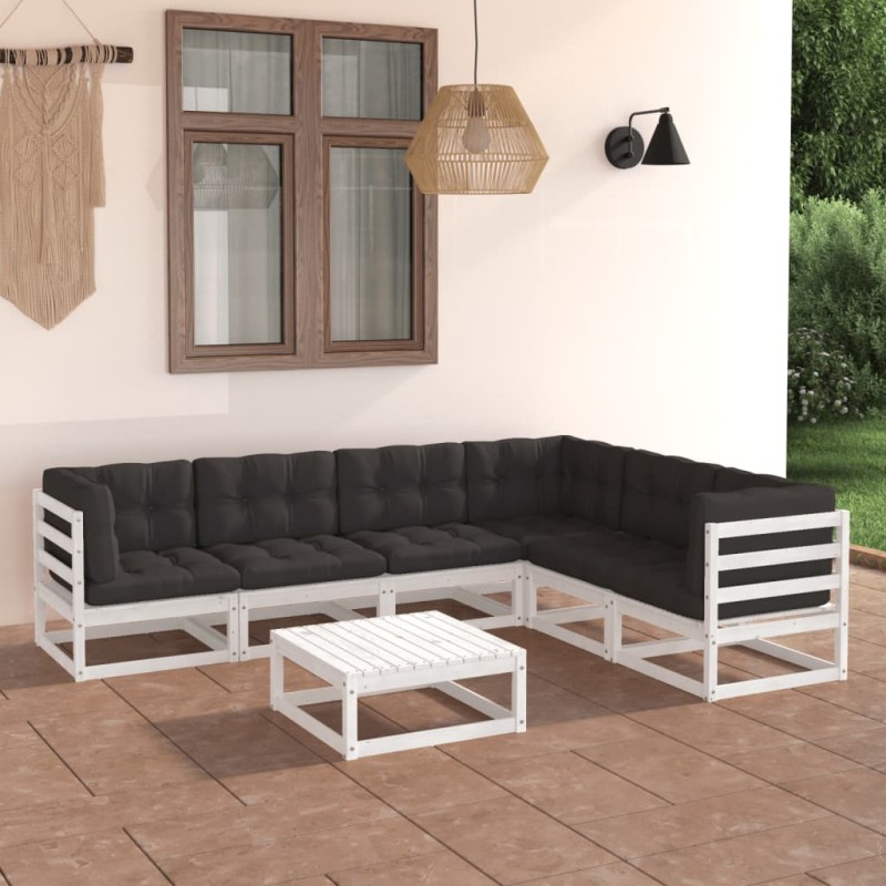 7 pcs conj. lounge de jardim c/ almofadões pinho maciço branco-Conjuntos de jardim-Home Retail