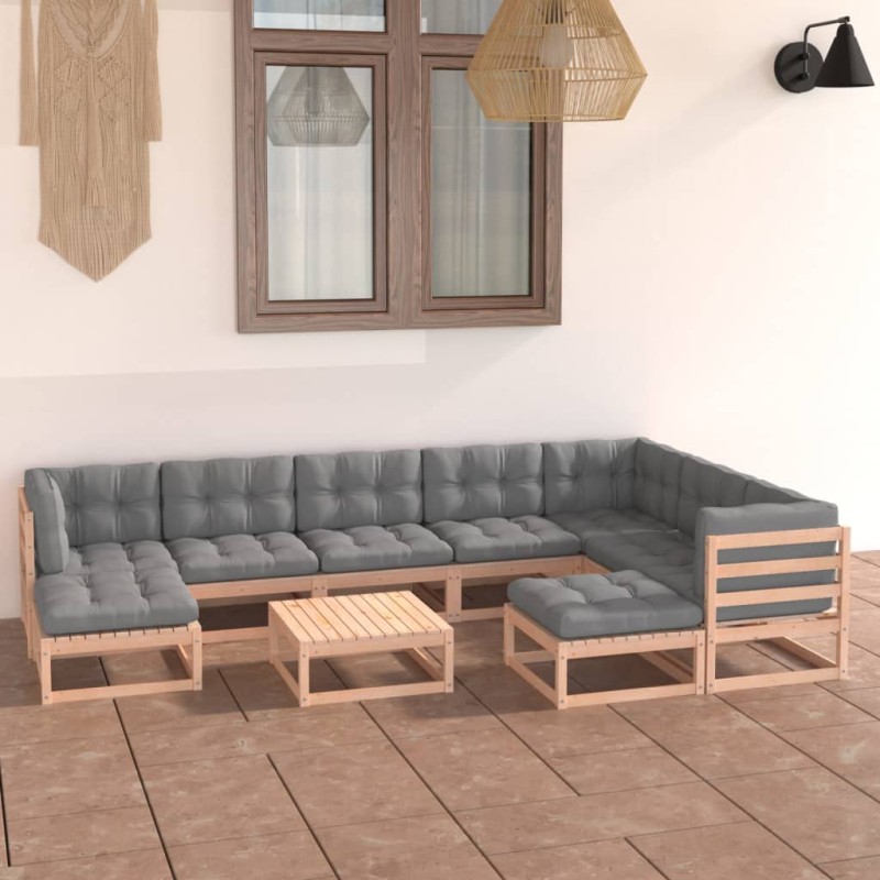 10 pcs conjunto lounge de jardim c/ almofadões pinho maciço-Conjuntos de jardim-Home Retail