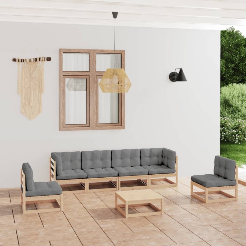 7 pcs conjunto lounge de jardim c/ almofadões pinho maciço-Conjuntos de jardim-Home Retail