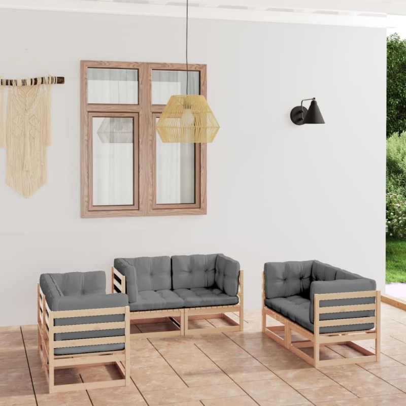 6 pcs conjunto lounge de jardim com almofadões pinho maciço-Conjuntos de jardim-Home Retail