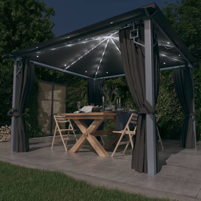 Gazebo c/ cortinas e cordões luzes LED 3x3 m alumínio antracite-Toldos e gazebos-Home Retail