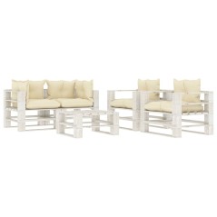 5 pcs conjunto lounge paletes de madeira c/ almofadões creme