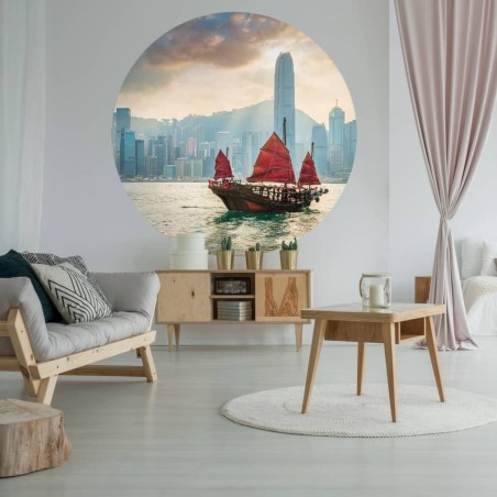 WallArt Papel de parede circular "Skyline with Junk Boat" 142,5 cm