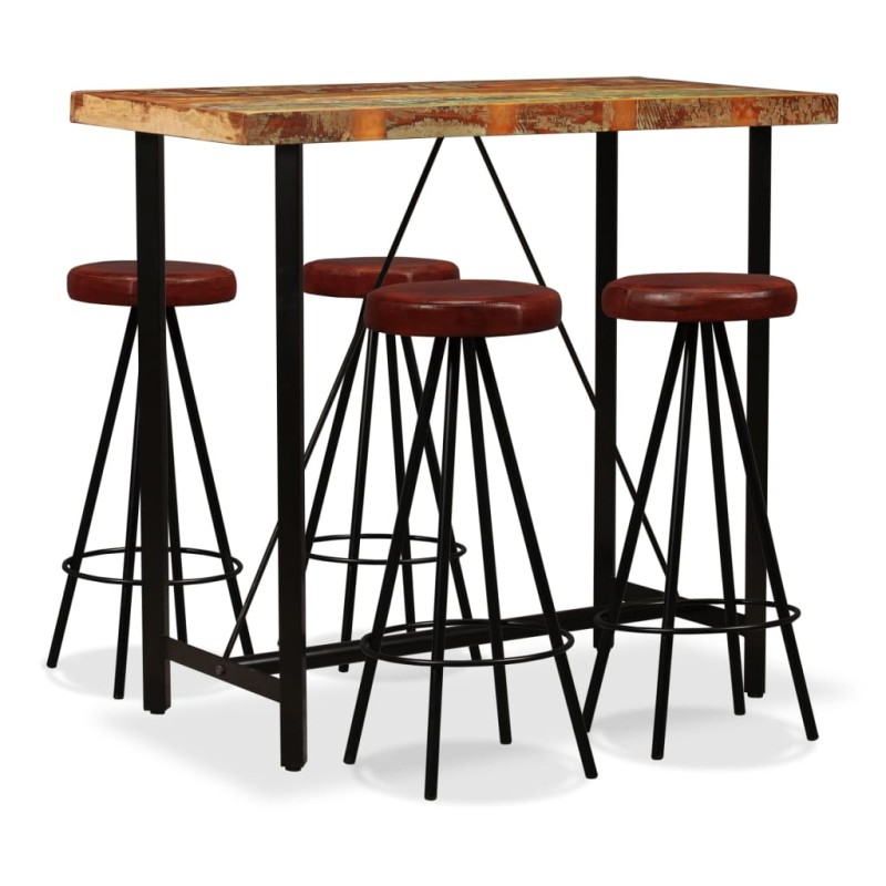 Conjunto de bar 5 pcs madeira recuperada maciça e couro genuíno-Conjuntos de móveis para cozinha e sala de jantar-Home Retail