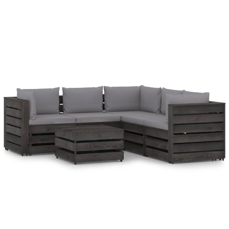 6 pcs conj. lounge jardim + almofadões madeira impreg. cinzento-Conjuntos de jardim-Home Retail