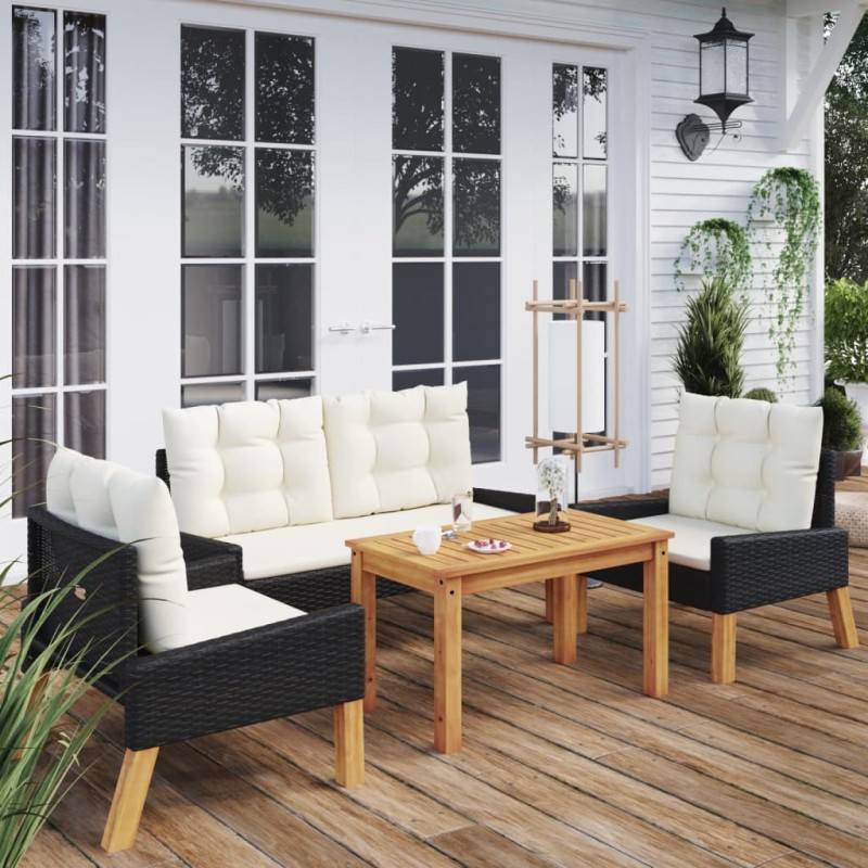 4 pcs conj. lounge jardim c/ almofadões vime PE/madeira maciça-Conjuntos de jardim-Home Retail