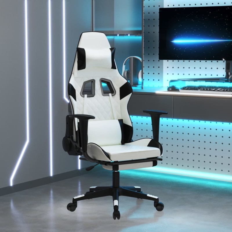 Cadeira gaming massagens c/ apoio pés couro artif. Branco/preto-Cadeiras de jogo-Home Retail