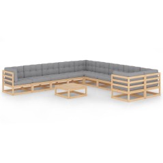 11 pcs conjunto lounge de jardim c/ almofadões pinho maciço