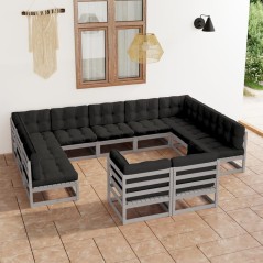 11 pcs conj. lounge jardim c/ almofadões pinho maciço cinzento