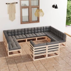 11 pcs conjunto lounge de jardim c/ almofadões pinho maciço