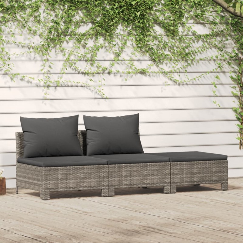 3 pcs conjunto lounge de jardim c/ almofadões vime PE cinzento-Conjuntos de jardim-Home Retail