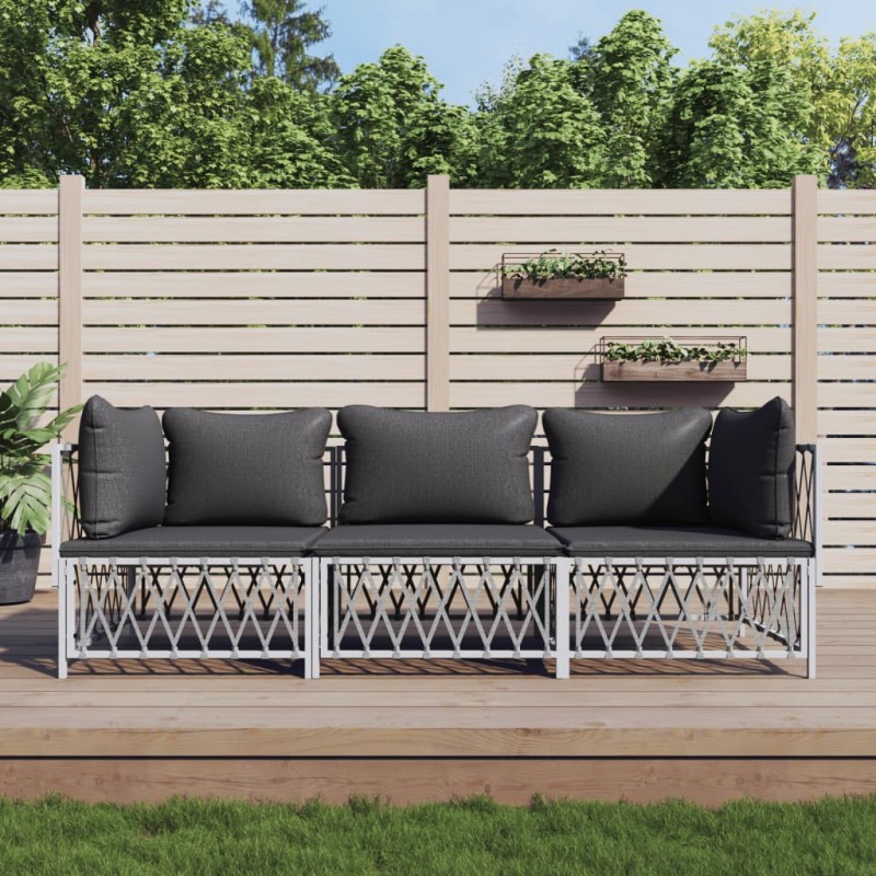 3 pcs conjunto lounge de jardim com almofadões aço branco-Conjuntos de jardim-Home Retail