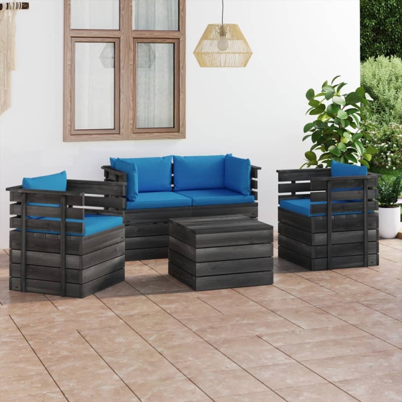 5 pcs conjunto lounge de paletes com almofadões pinho maciço-Conjuntos de jardim-Home Retail