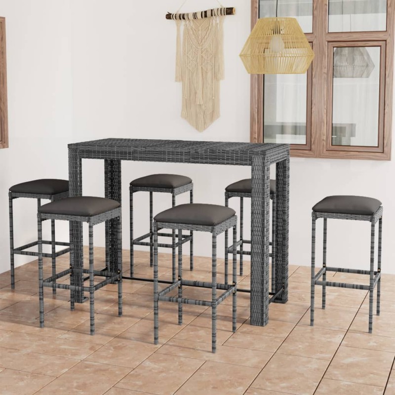 7 pcs conjunto de bar p/ jardim c/ almofadões vime PE cinzento-Conjuntos de jardim-Home Retail