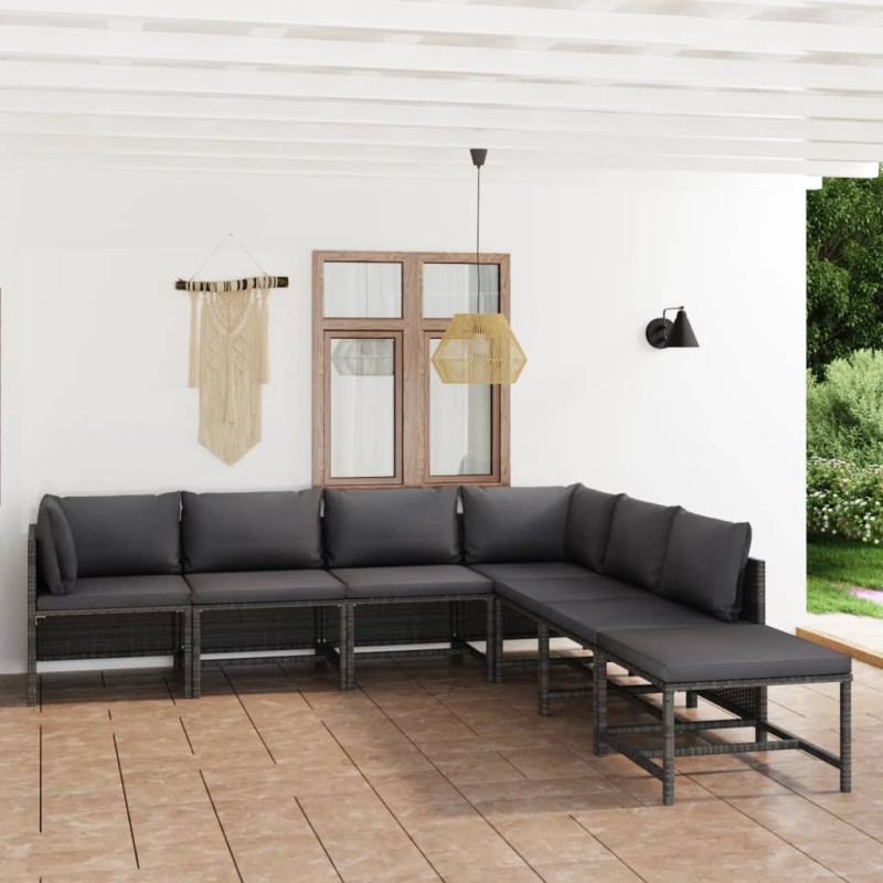 7 pcs conjunto lounge de jardim c/ almofadões vime PE cinzento-Conjuntos de jardim-Home Retail