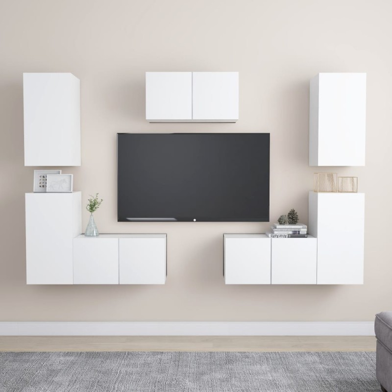 7 pcs conjunto de móveis de TV derivados de madeira branco-Móveis de TV-Home Retail