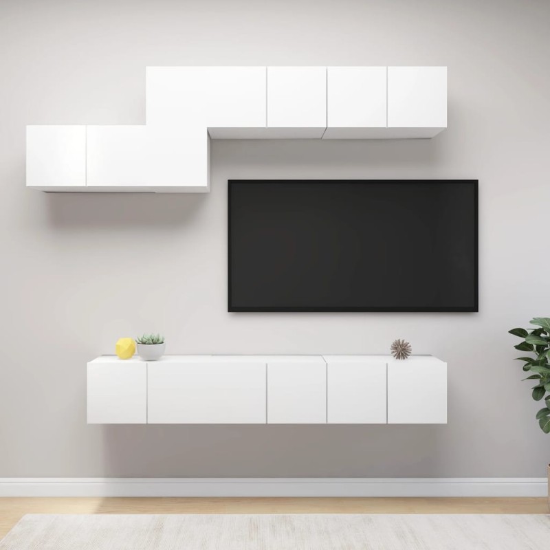 7 pcs conjunto de móveis de TV derivados de madeira branco-Móveis de TV-Home Retail