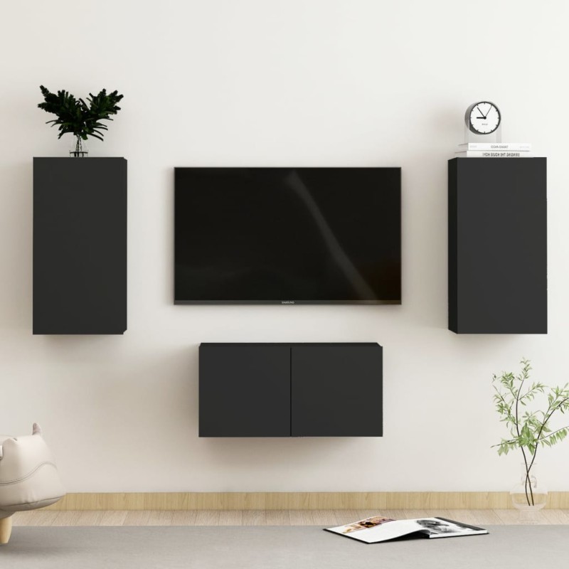 3 pcs conjunto de móveis de TV derivados de madeira preto-Móveis de TV-Home Retail