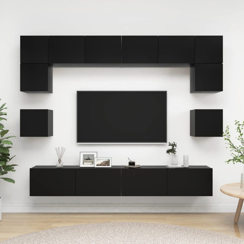 8 pcs conjunto de móveis de TV derivados de madeira preto-Móveis de TV-Home Retail