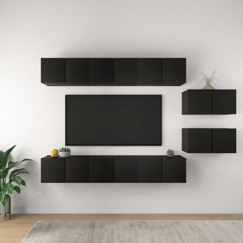 8 pcs conjunto de móveis de TV derivados de madeira preto-Móveis de TV-Home Retail