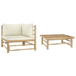 2 pcs conj. lounge p/ jardim em bambu c/ almofadões branco nata