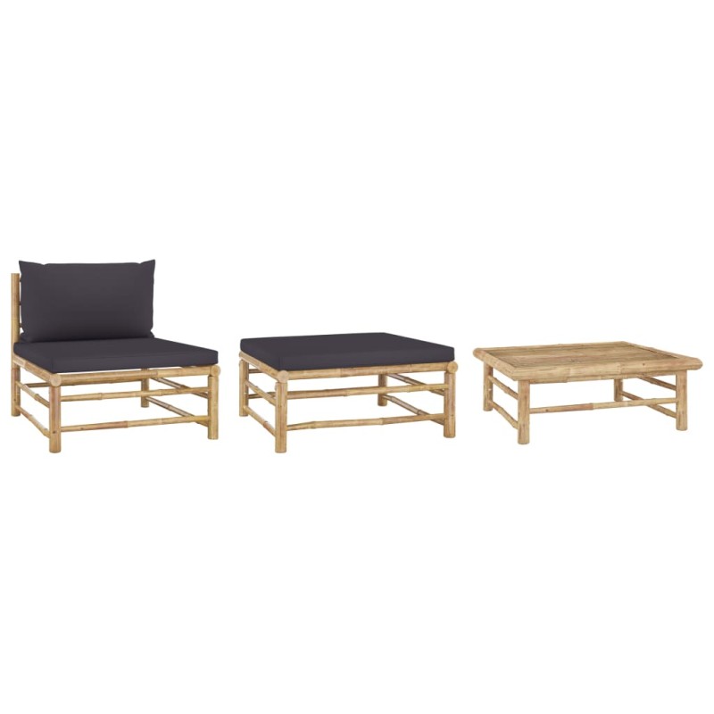 3 pcs conj. lounge jardim em bambu c/ almofadões cinza-escuro-Unidades de sofá com módulos externos-Home Retail