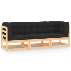 3 pcs conjunto lounge de jardim c/ almofadões pinho maciço