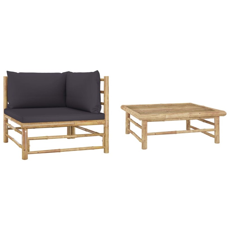 2 pcs conj. lounge jardim em bambu c/ almofadões cinza-escuro-Unidades de sofá com módulos externos-Home Retail