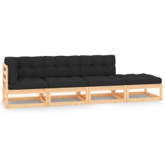 4 pcs conjunto lounge de jardim c/ almofadões pinho maciço