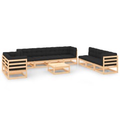 10 pcs conjunto lounge de jardim c/ almofadões pinho maciço